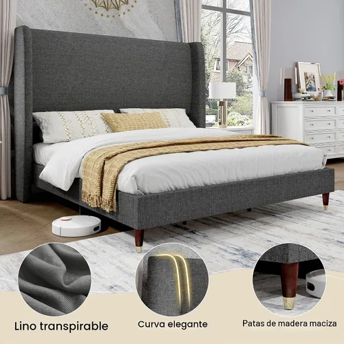 Vista 4 de PaPaJet Base de cama King tapizada de lino de 51.2 pulgadas de alto, color Gris oscuro