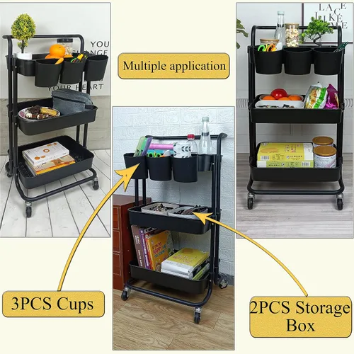 Vista 3 de Estante organizador de almacenamiento de 3 niveles con 3 tazas colgantes, 8 ganchos, 2 cajas de almacenamiento para el hogar, oficina, cocina, baño