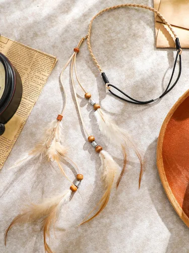Vista 7 de XunYee - Diadema de plumas, mediana, estilo borla, color beige