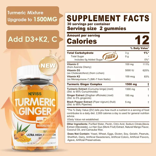 Vista 2 de Gomitas de Cúrcuma y Jengibre Sin Azúcar 1500mg con Vitamina D3 5000UI y K2 para Mujeres y Hombres, Gomitas de Cúrcuma y Jengibre para Adultos