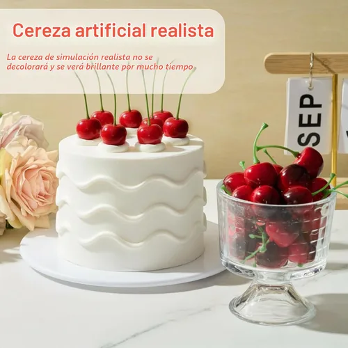 Vista 6 de Skylety 30 piezas de cerezas falsas artificiales de cerezas, decoraciones de fiesta de cereza de simulación para decoración de pasteles, hogar Rojo