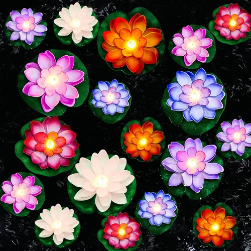 Vista 10 de Hortsun 9 luces flotantes de loto con pilas, almohadillas de lirio, flores de piscina, velas flotantes, decoración de plantas de estanque