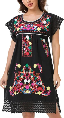 Vista 23 de YZXDORWJ Vestido bordado mexicano de manga corta para mujer 222BK