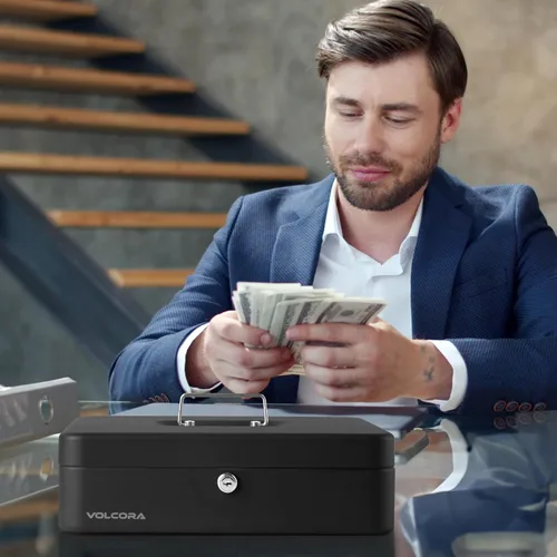 Vista 6 de Volcora Caja Grande de Dinero con Cerradura de Llave, Caja de Dinero de Metal para Efectivo, Caja de Seguridad con Cerradura Portátil y Bandeja