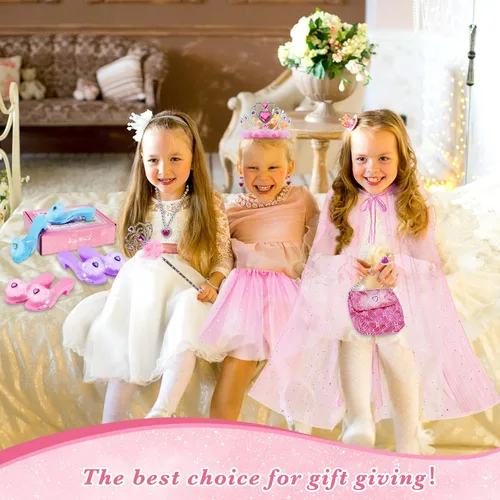 Vista 5 de BeiyoQSZ Juego de 3 pares de zapatos de princesa para niños pequeños con capa de princesa falda tutú corona varita collares bolsos zapatos de juego