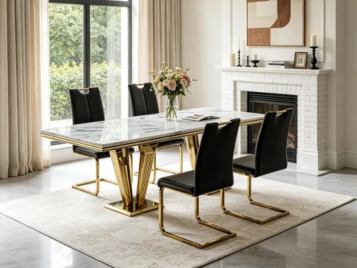 Vista 9 de 5 Piece Black Marble Dining Table Set for 4, Modern Faux Marble Kitchen Dining Room Tables with 4 Leather Chairs Set, 68.11" Luxury Rectangular