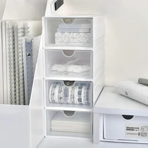 Vista 7 de Feadily Paquete de 4 cajas de almacenamiento de plástico para escritorio con cajones transparentes, se puede empalmar y combinar libremente