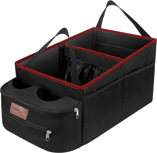 Vista 9 de FUNNy elf Organizador de asiento de pasajero, almacenamiento plegable para automóvil con particiones y 4 portavasos para asiento delantero o trasero