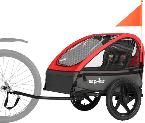 Vista 8 de Sepnine Remolque de bicicleta para niños, adecuado para 1 a 2 niños, 12 meses en adelante, fijación rápida a la bicicleta, plegable, con arnés de 5