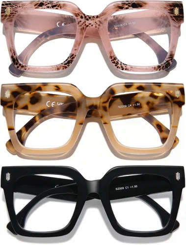 Vista 8 de AQWANO Oversized Square Reading Glasses Women, Blue Light Blocking Computer Glasses, 3-Pack Fashion Large Frame Readers