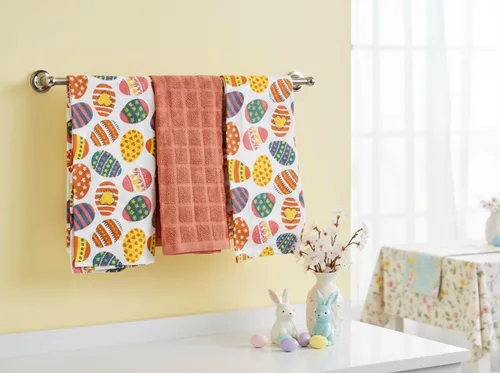 Vista 5 de Serafina Home Easter Kitchen Towel Set with Pot Holders, Spring Colored Eggs Design, 100% Cotton, White Orange Green, 5 Piece Set