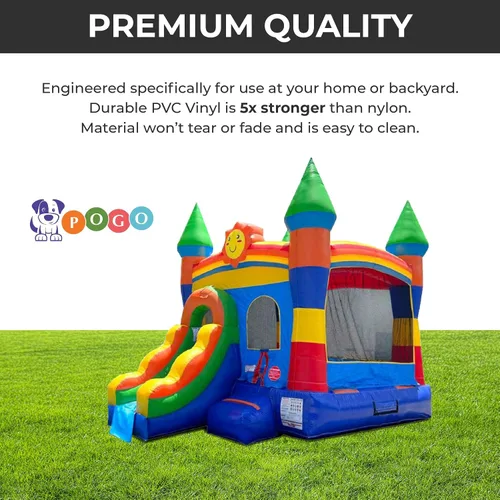 Vista 12 de Pogo Bounce House Crossover inflable con tobogán sin soplador, arcoíris sonriente 18 x 12 x 14.5 Foot Bounce House Combo Waterslide with