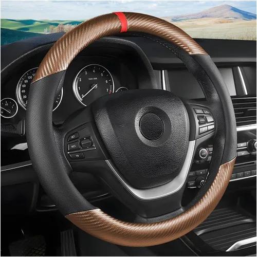 Vista 8 de Funda de cuero para volante, suave, transpirable, antideslizante, protector para automóvil, camión, SUV, ajuste universal de 15 pulgadas