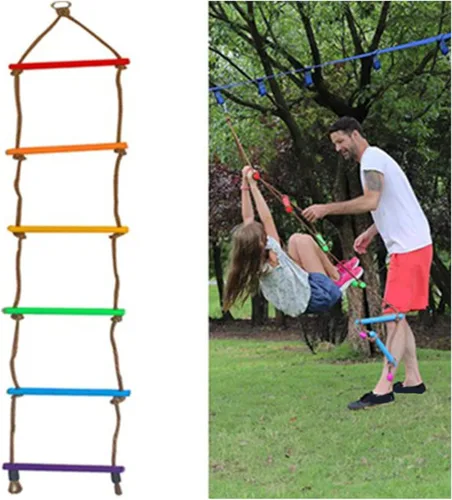 Vista 4 de Escalera de cuerda de escalada, escalera de cuerda de escalada para niños, resistente a la tracción, tejido multicapa, suave y colorido, accesorios