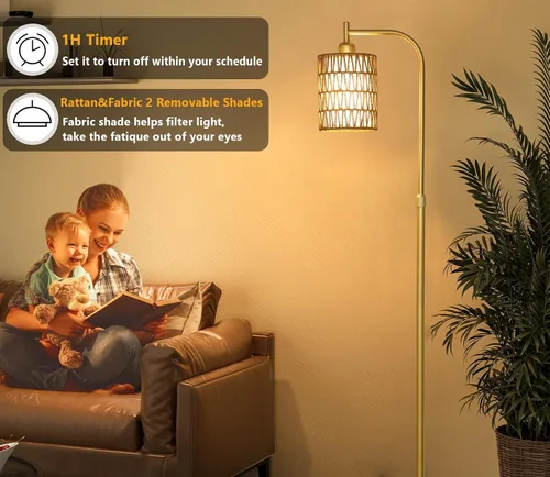 Vista 5 de LAMSU Modernas lámparas de pie doradas para sala de estar, lámpara de pie de ratán bohemio con bombilla LED regulable y control remoto, lámpara