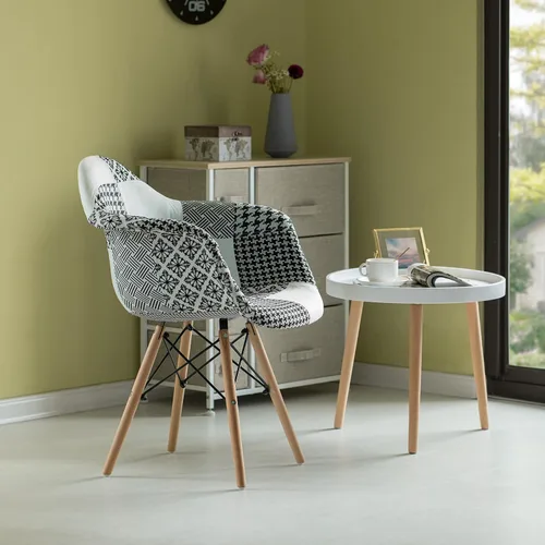Vista 2 de Mid-Century - Juego de 2 sillas de tela moderna con brazos para sala de estar, patas de madera de haya, color blanco y negro