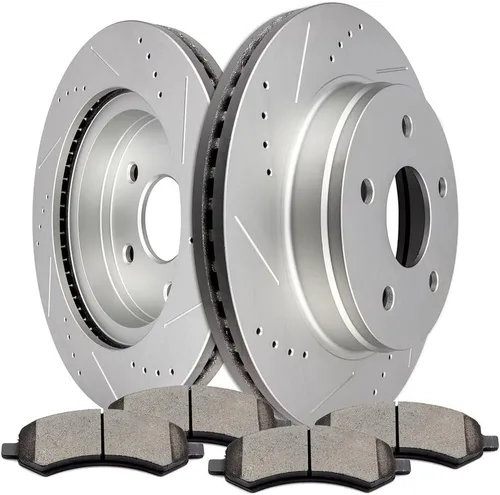 Vista 9 de SCITOO Rotores de disco D/S delanteros de 13.23 pulgadas y traseros de 13.86 pulgadas + pastillas de freno de cerámica de repuesto para Chrysler