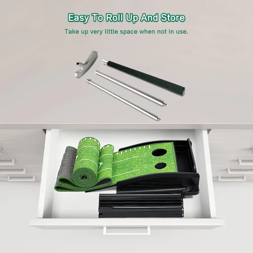 Vista 4 de Losbenco Putting Green - Juego de golf para interiores con putter y 6 bolas, tapete de práctica de golf portátil con sistema de retorno automático