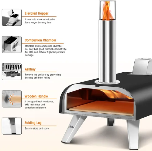 Vista 5 de BIG HORN OUTDOORS 12" Horno de piedra para pizza con leña, 475°C Horno para pizza al aire libre de acero inoxidable, portátil para uso en fiestas
