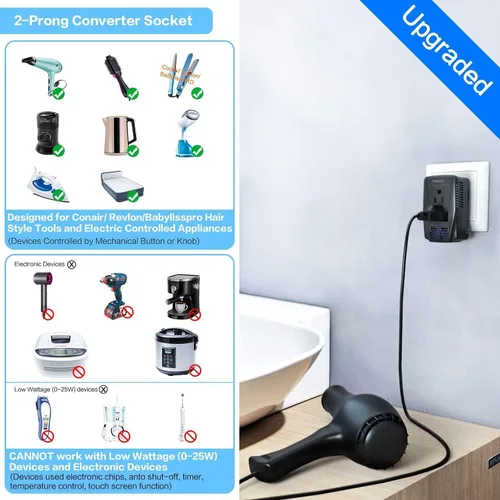 Vista 6 de Convertidor de voltaje de 2000 W de 220 V a 110 V, adaptador de viaje de 10 A con 2 puertos USB, convertidor de corriente para secador