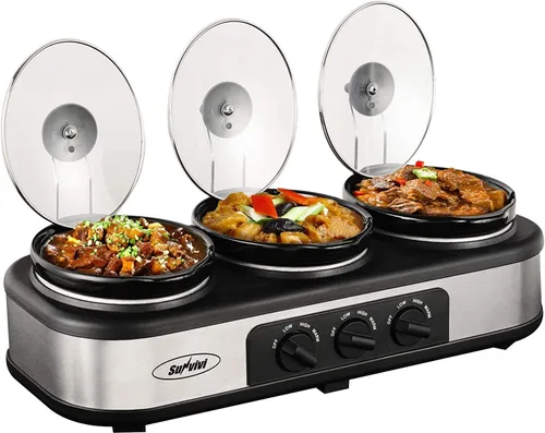 Vista 11 de Sunvivi Olla de Cocción Lenta Triple para Buffet y Calentador, 3 Ollas de Comida Pequeñas Mini Manuales con Temperatura Ajustable, Soportes