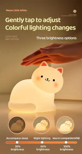 Vista 4 de Luz nocturna de gato para niños, lámpara de 7 colores, toque regulable, recargable portátil y esponjoso, luz nocturna LED de silicona, regalo