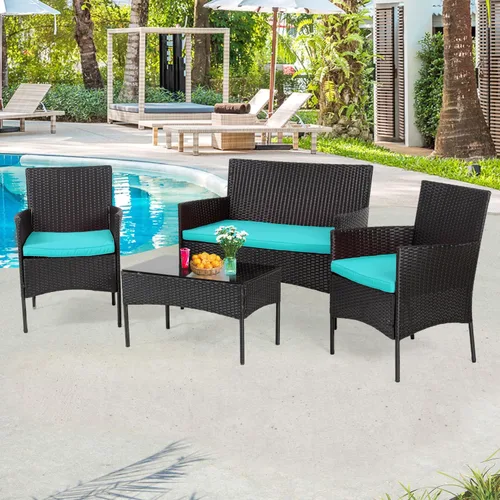 Vista 2 de Juego de 4 muebles modulares para exteriores, juego de muebles de mimbre resistentes al agua con 3 sillas de ratán, 1 cojín de mesa con tapa