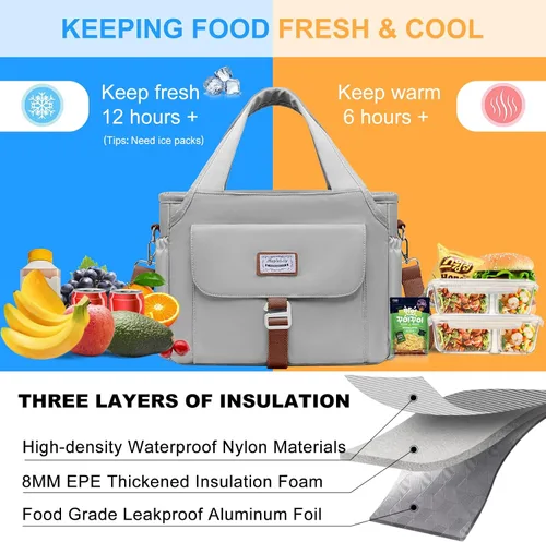 Vista 3 de MAPLELILY Bolsa de almuerzo para hombres y mujeres, bolsa de almuerzo aislada para el trabajo, lonchera para mujeres, bolsas enfriadoras grandes a
