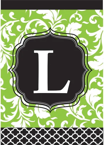 Vista 6 de Monogram E - Bandera de jardín rectangular con doble aplique de filigrana verde y negro, de 18 x 13 pulgadas Filigrana Verde E