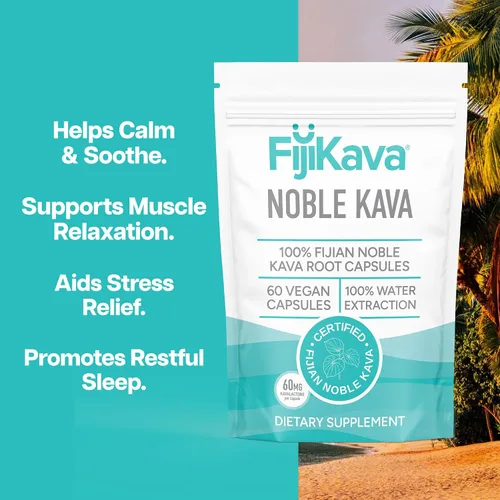 Vista 4 de FijiKava Noble Kava Cápsulas de Kava Kava, 600 mg de kavalactonas por porción, suplemento natural de relajación y apoyo para el sueño, vegano y sin