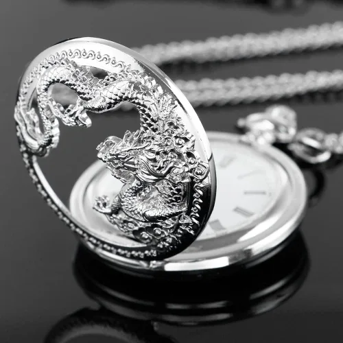 Vista 5 de Dragon Quartz Pocket Watches for Men Roman Numerals Pocket Watch with Chain Cus-CF18-plata