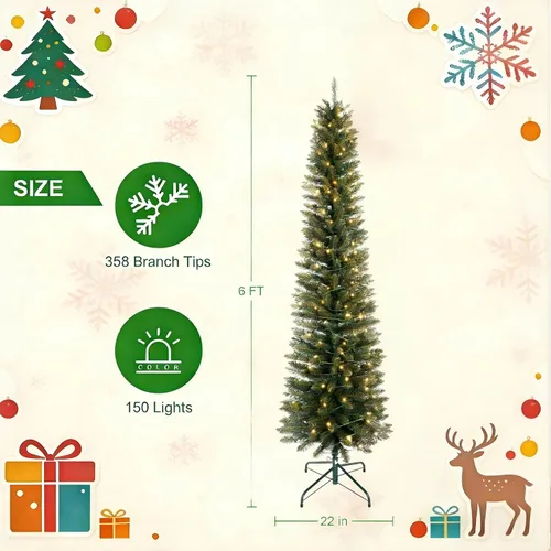 Vista 3 de Árbol de Navidad artificial preiluminado de 6 pies, color verde, para sala de estar, oficina, decoración de vacaciones Lápiz verde-preiluminado