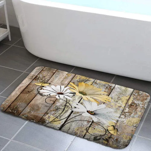 Vista 31 de JAWO Alfombra de baño con flores de granja, dalia en tablones de madera rústica, juego de tapetes de baño con flores azules, en forma de U