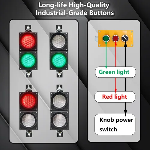 Vista 6 de Semáforo LED de 4 pulgadas, lámpara de parada/marcha verde rojo con control de botón AC 85-265V IP65 PC Housing with 6m Cable and 2 Visors for