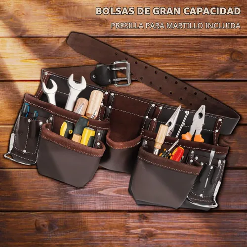 Vista 4 de Bolsa de cuero para cinturón de herramientas, cómodas bolsas de herramientas de apoyo para la espalda con tirantes para construcción, enmarcadores