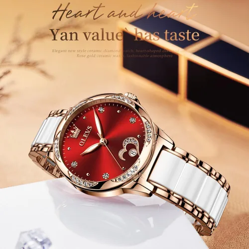 Vista 7 de OLEVS Relojes de oro rosa para mujer, relojes automáticos con pulsera de cerámica de acero inoxidable de dos tonos, relojes de cuerda automática