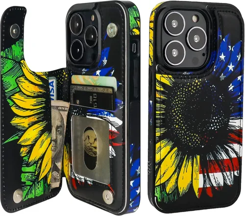Vista 35 de HAOPINSH Funda tipo cartera con tarjetero para iPhone 14/13, diseño de Girasoles Bandera Americana