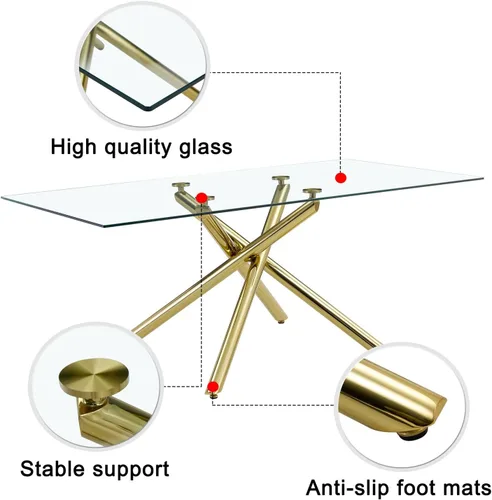 Vista 5 de LKTART Mesa de comedor rectangular de vidrio de 71 pulgadas con mesa de vidrio templado de 0.39 pulgadas y patas de metal cromado dorado