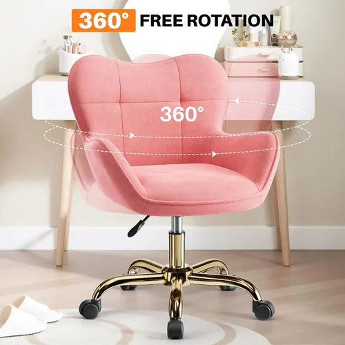 Vista 4 de Silla de tocador con ruedas, bonitas sillas de escritorio de altura ajustable para dormitorio, silla de maquillaje moderna con respaldo (rosa)