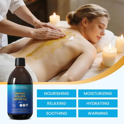 Vista 5 de Aceite de ricino dorado orgánico, 16.9 onzas, 100% puro para cabello, piel, uñas, cejas y pestañas, hidratación profunda y suavizado que promueve