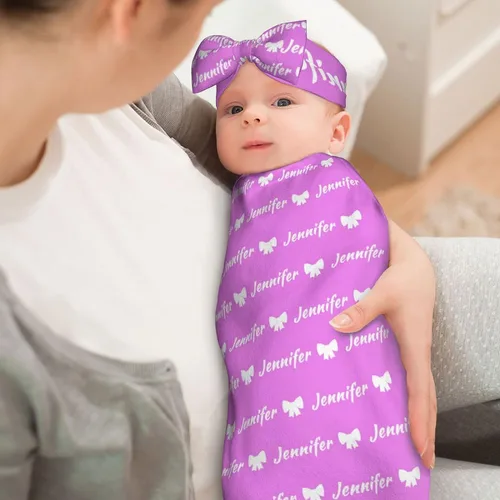 Vista 7 de Manta personalizada para bebés y niños, manta con nombre personalizado para recibir con diadema de lazo y sombrero, artículos personalizados