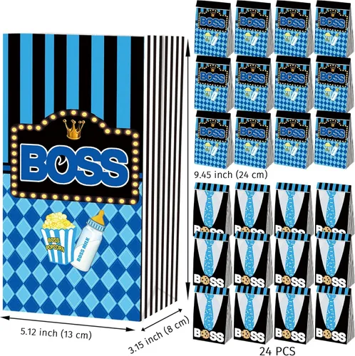 Vista 3 de BOSS - Bolsas de regalo de fiesta, 24 unidades con 30 calcomanías para niños, color azul, negro, cumpleaños, baby shower, golosinas, bolsas