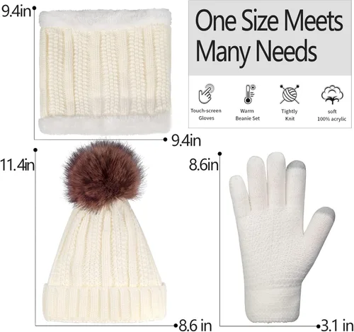 Vista 6 de Conjunto de guantes de invierno para mujer, gorro de forro polar, bufanda para pantalla táctil, guante 3 en 1