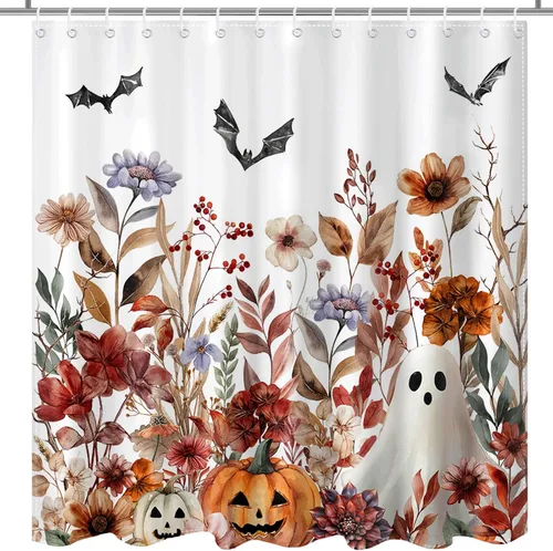 Vista 8 de Lindameler Cortina de ducha de Halloween para baño, cortina de ducha espeluznante con diseño floral de calabaza, fantasma, para decoración