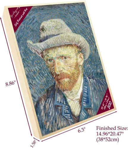 Vista 2 de Rompecabezas de madera de 500 piezas para adultos, pinturas famosas de Van Gogh, retrato con sombrero, retrato de Vincent Van Gogh en puntillismo
