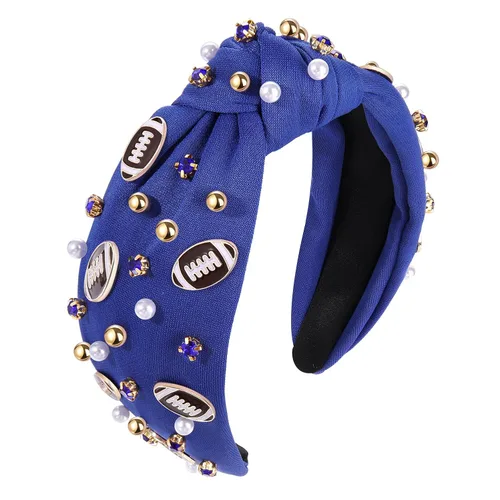 Vista 15 de Diadema de fútbol para mamá, accesorios de perlas con diamantes de imitación anudados, banda ancha para el pelo negra, diadema de nudo superior
