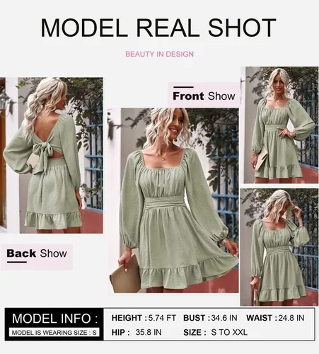 Vista 2 de Dokotoo Vestido para mujer de manga larga tipo farol, cuello cuadrado, espalda descubierta con lazo, sexy vestido acampanado con volantes y cintura