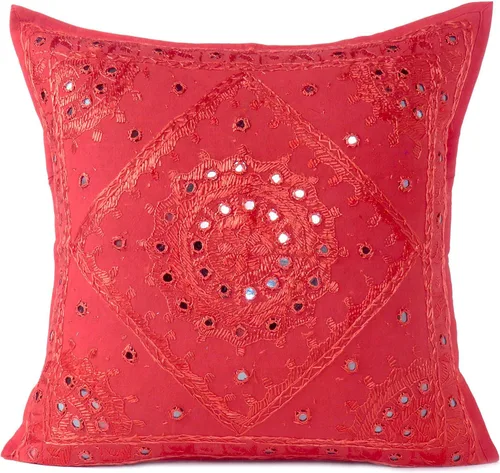 Vista 13 de Funda de cojín decorativa bohemia bordada con espejos, hecha a mano para sofá, dormitorio, sala de estar (negro, 16 x 16 pulgadas)