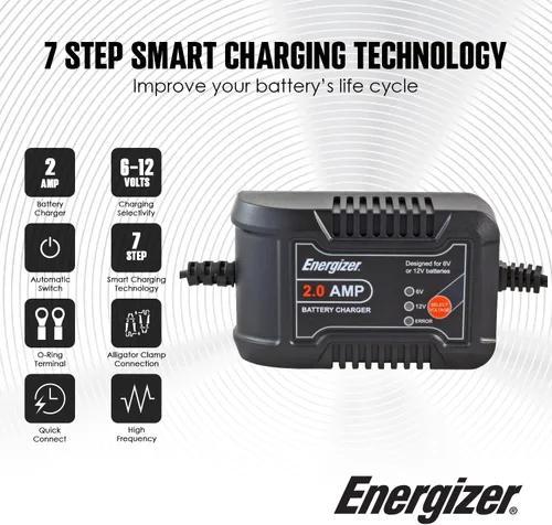 Vista 3 de Energizer - Cargador y mantenedor de batería de 2 amperios, cargador de batería inteligente de 9 pasos para coche, pantalla LCD, detección
