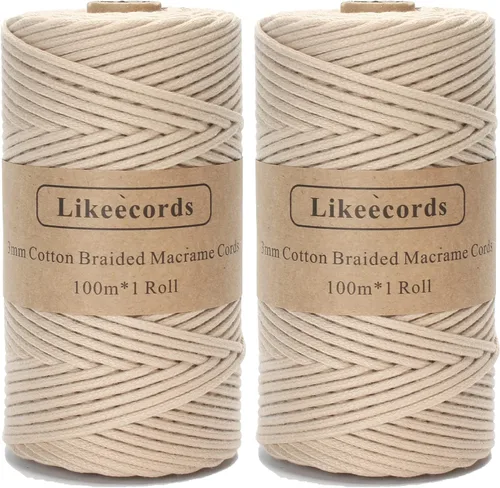 Vista 56 de Cordón de algodón trenzado de 0.11 pulgadas x 109 yardas, cuerda de algodón para macramé natural, estilo bohemio, para colgar plantas hechas a mano
